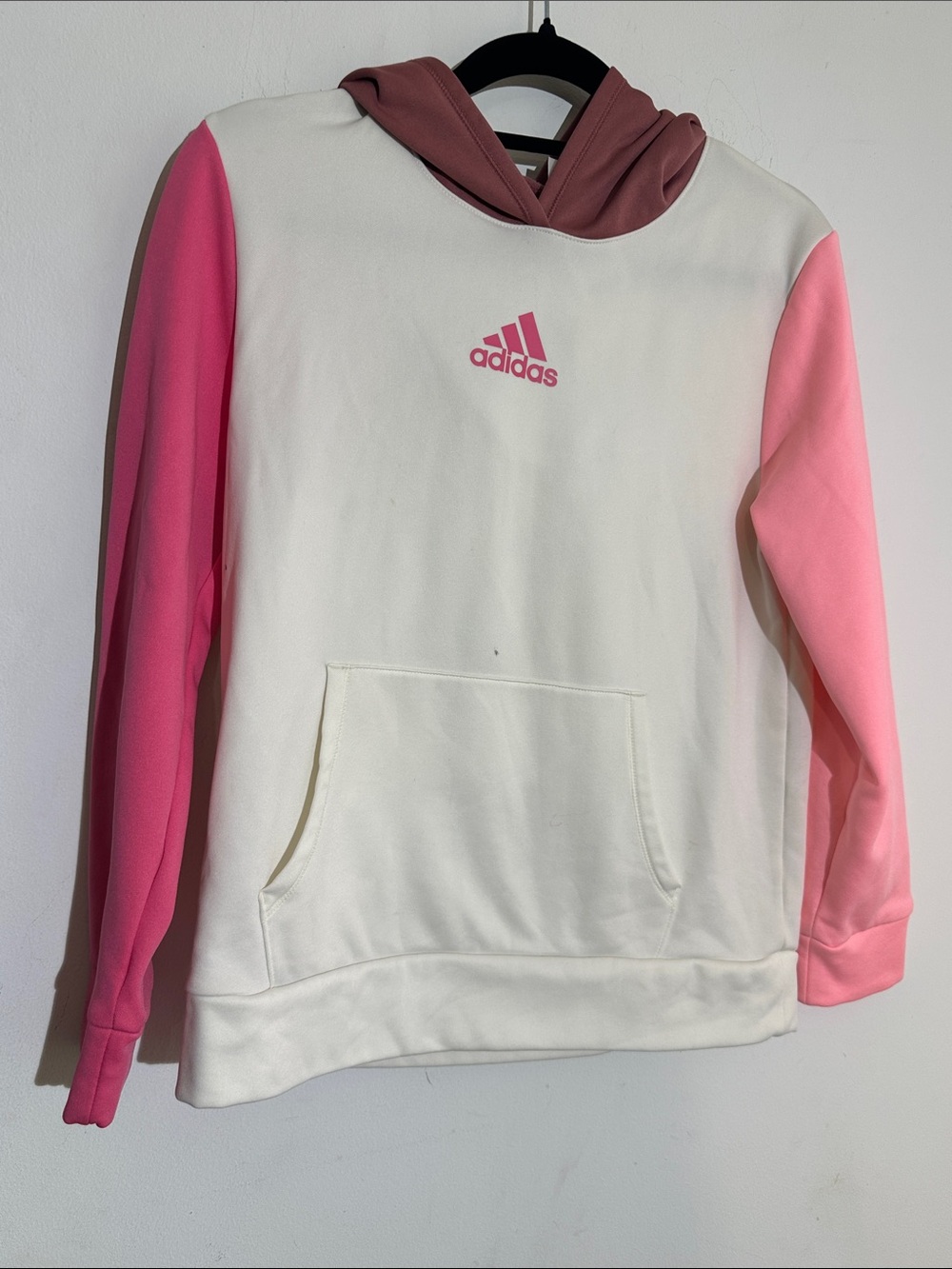 adidas White Hoodie with Pink Gradient Sleeves and Rose Hood